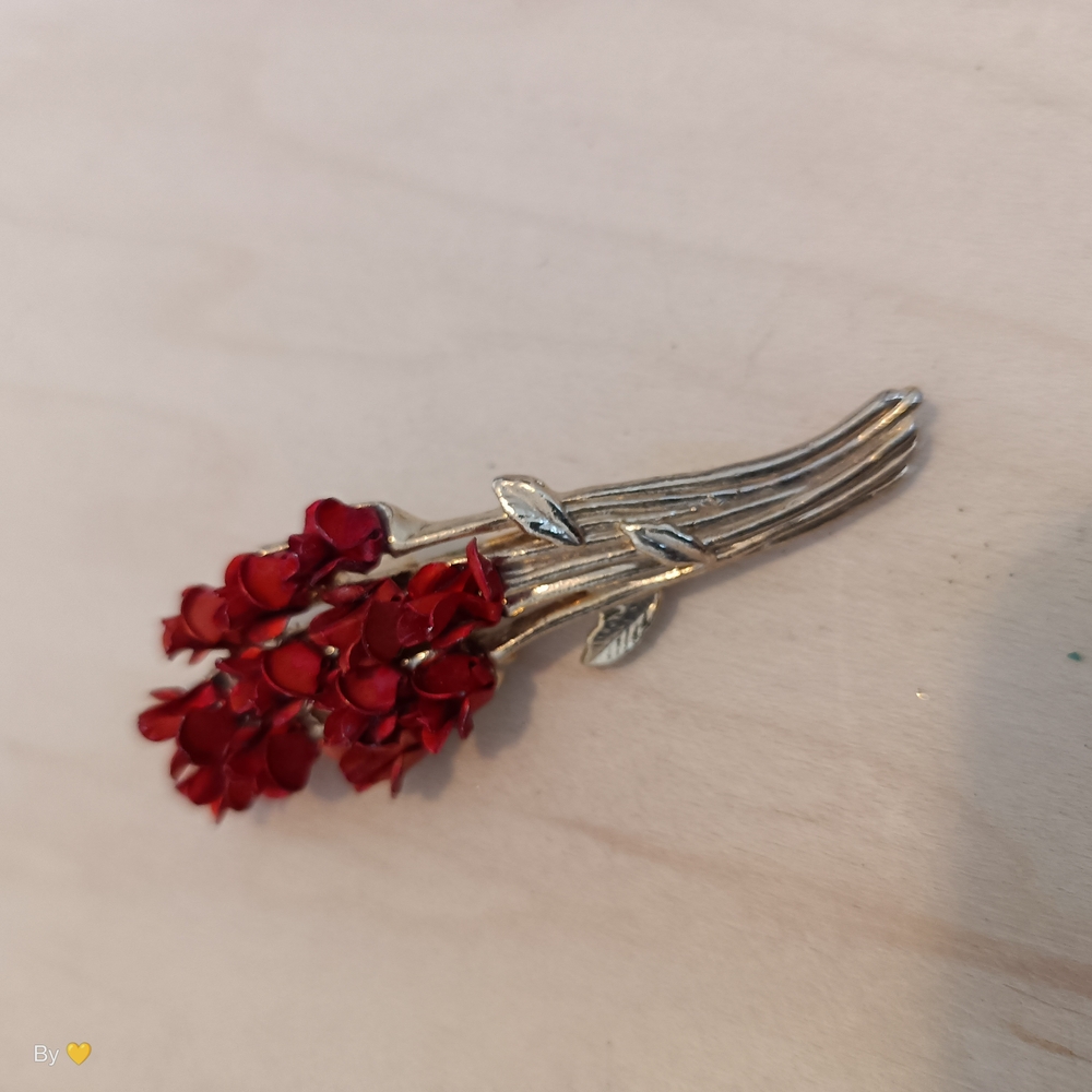 Floral Red Bouquet Silver-Tone Brooch - Women Jewelry